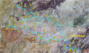 Map of the Noonamah Water Scheme dams (yellow boxes) and open earth channels (aqua lines) (Source: Figure 9 in NSW Office of Water 2013)